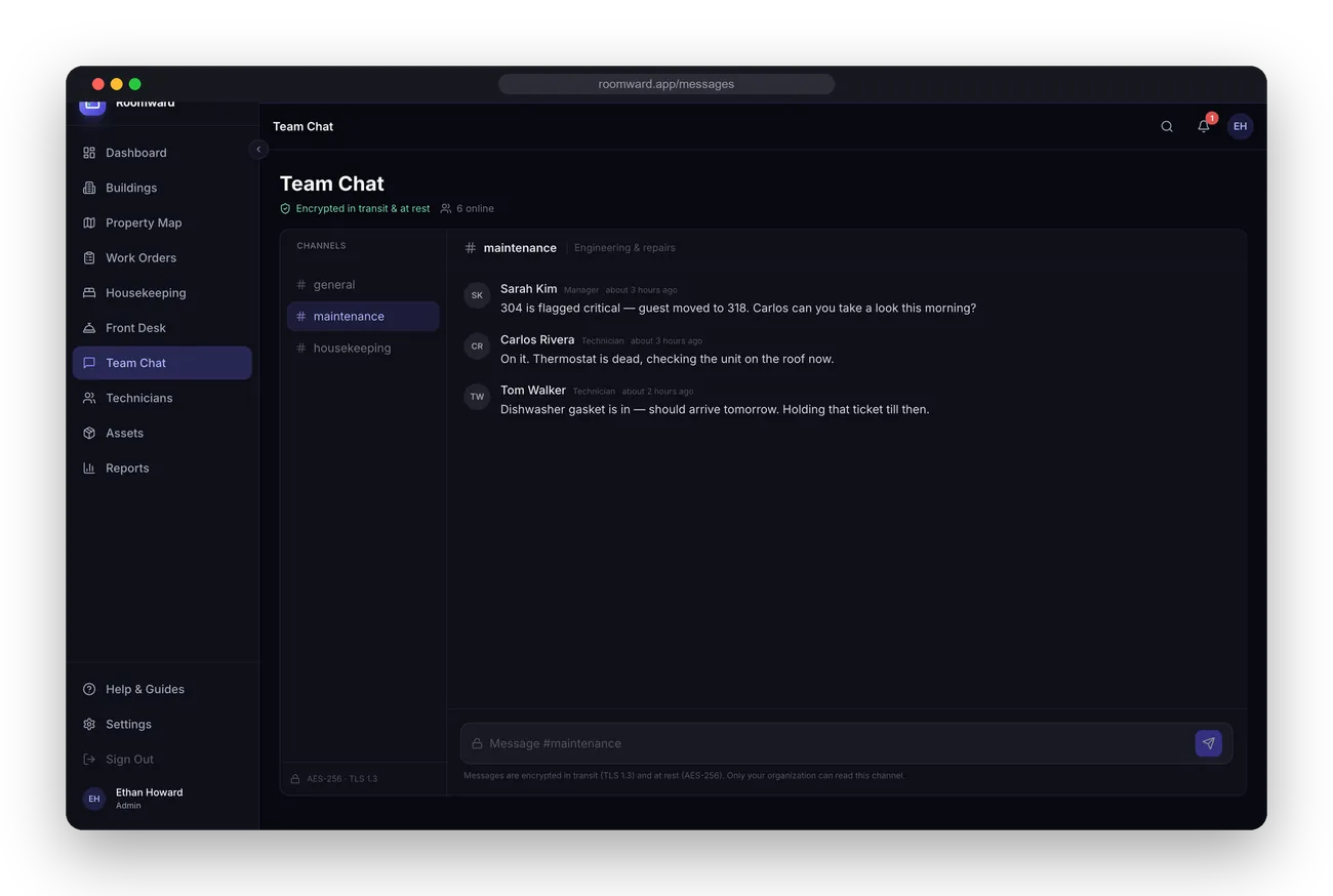 Roomward team chat maintenance channel with encrypted messaging